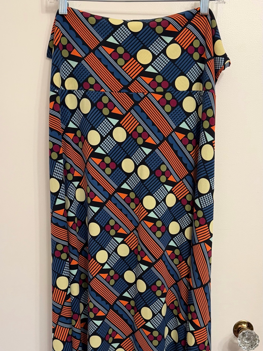 Lularoe Printed Geometric Maxi Skirt in Navy and Orange
